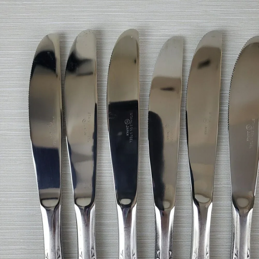 Vintage Single Rose Stainless Steel Butter Knives 8 Pcs Silverware Japan MCM